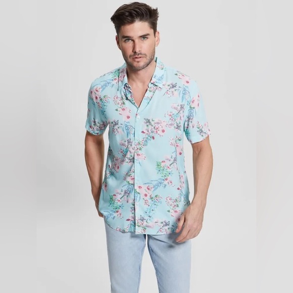 New GUESS Eco Rayon Wild Orchid Shirt SZ L - Picture 1 of 15